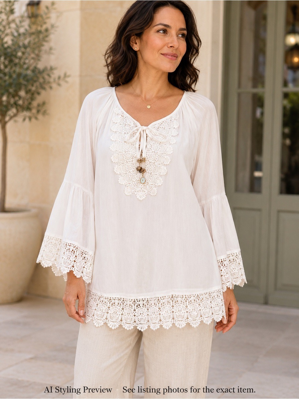 White Boho Lace Trim Tunic EU 40 | Viscose Bell Sleeve Romantic Top